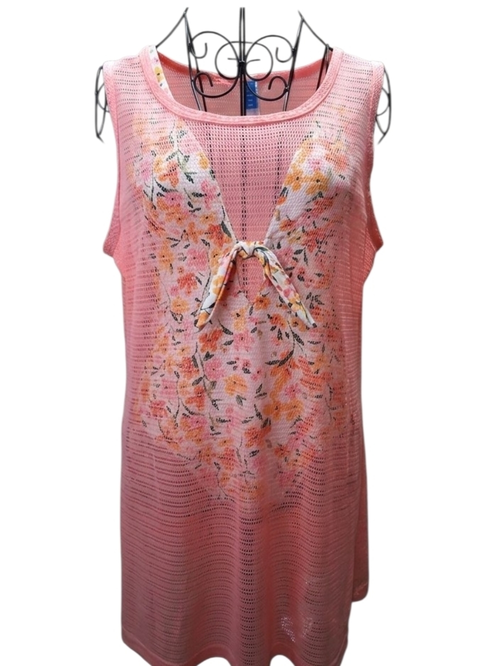 Vintage Y2K Mesh Mini Dress Coral Neon - Sheer Net Tunic - Cyber ​​Core 00s - M